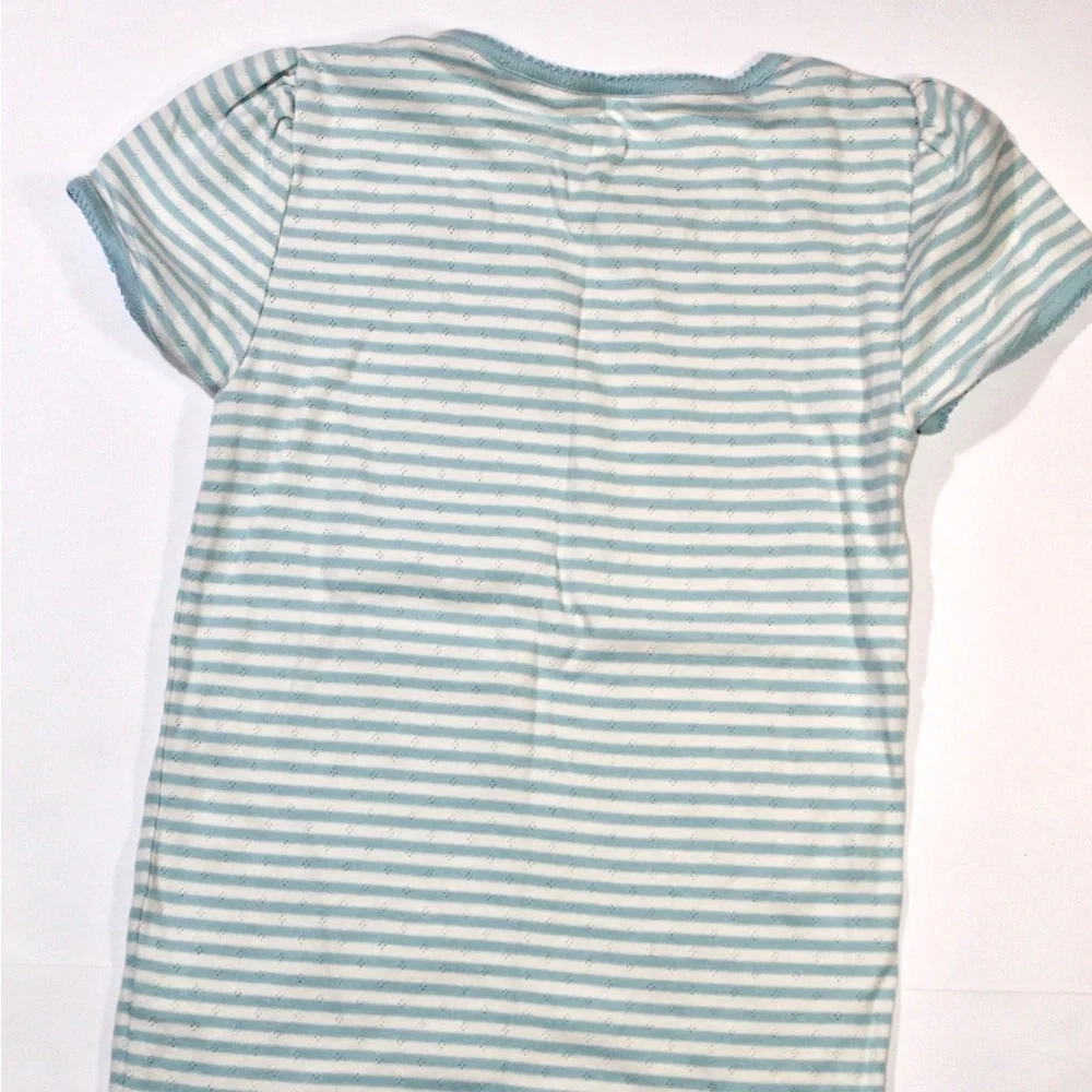 Mini Boden Girls Pointelle Striped Short-Sleeve Tee in Light Blue and White
